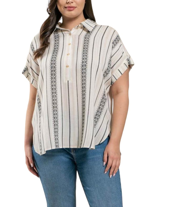 Plus Woven Top with Soft Print Detail
