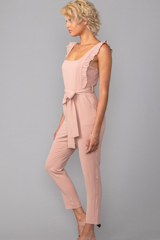 The Bevi Blush Ruffled Ribbon Jumpsuit