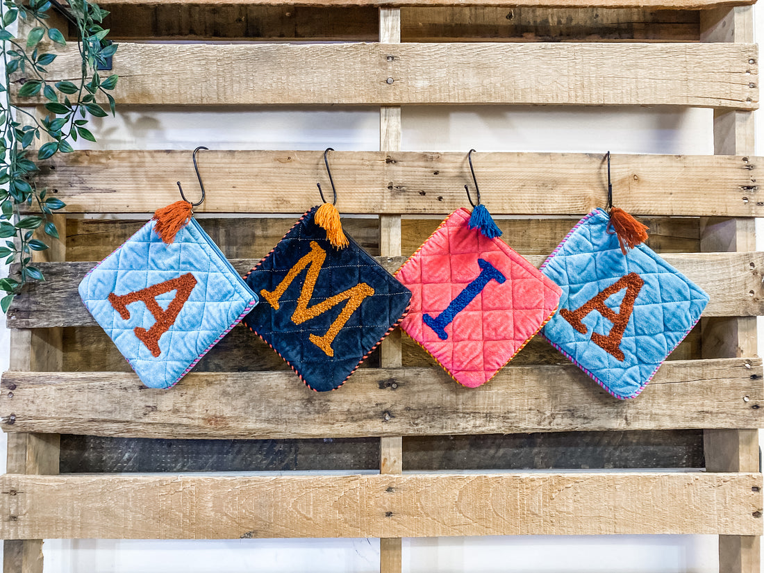 Embroidered Initial Velvet Pouch